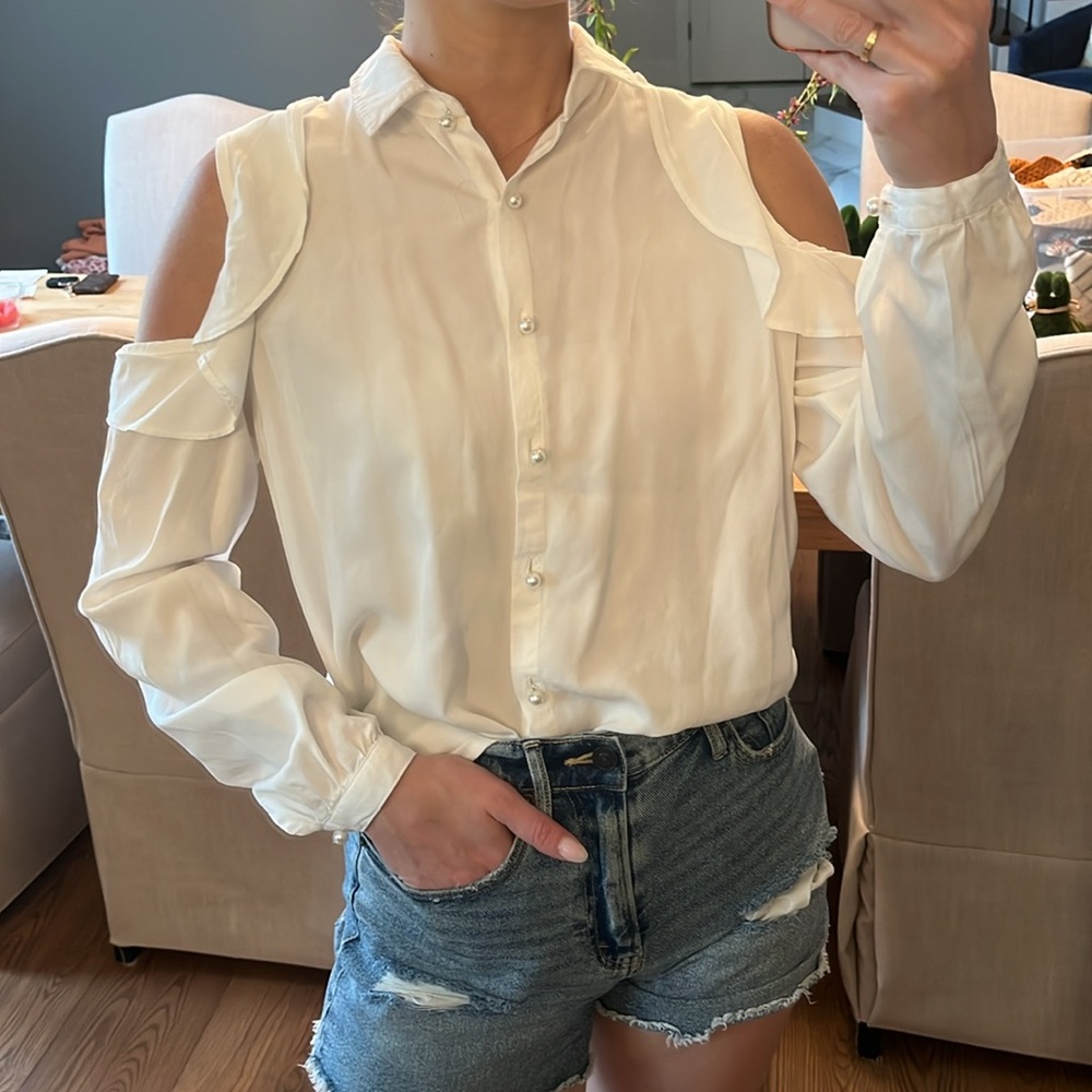 Blue Rain White Mandarin Collar Ruffled Blouse